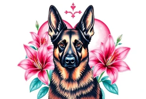 strong short haired german shepherd with alert ears surrounded by pink lilies with large leaves in front of a sacred heart tattoo idea