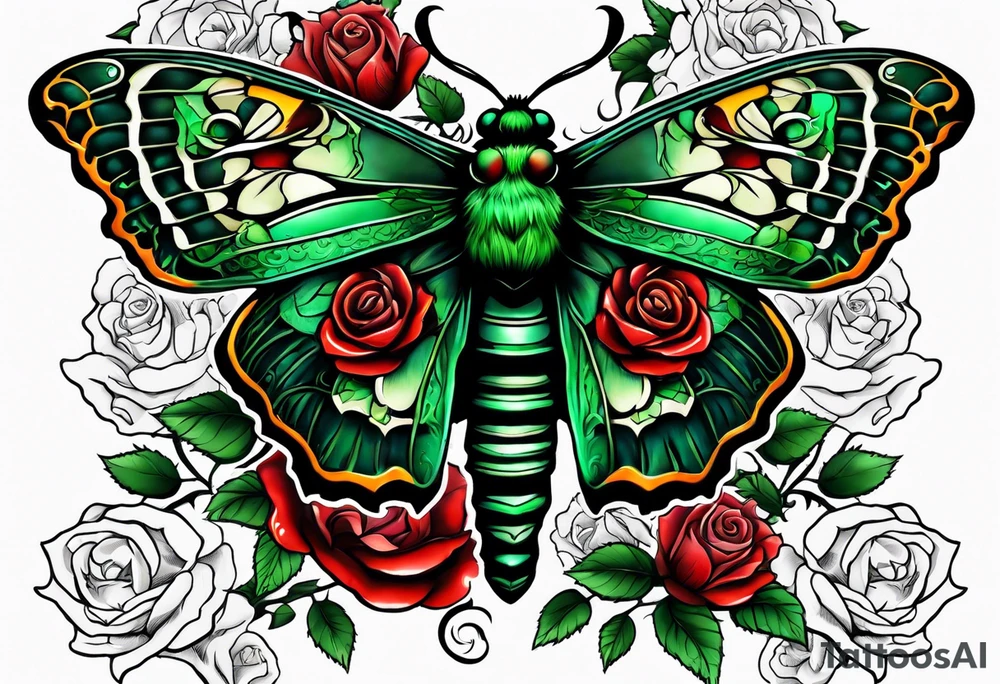 deaths head moth with green thorns and roses around it tattoo idea