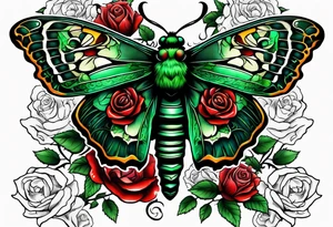 deaths head moth with green thorns and roses around it tattoo idea