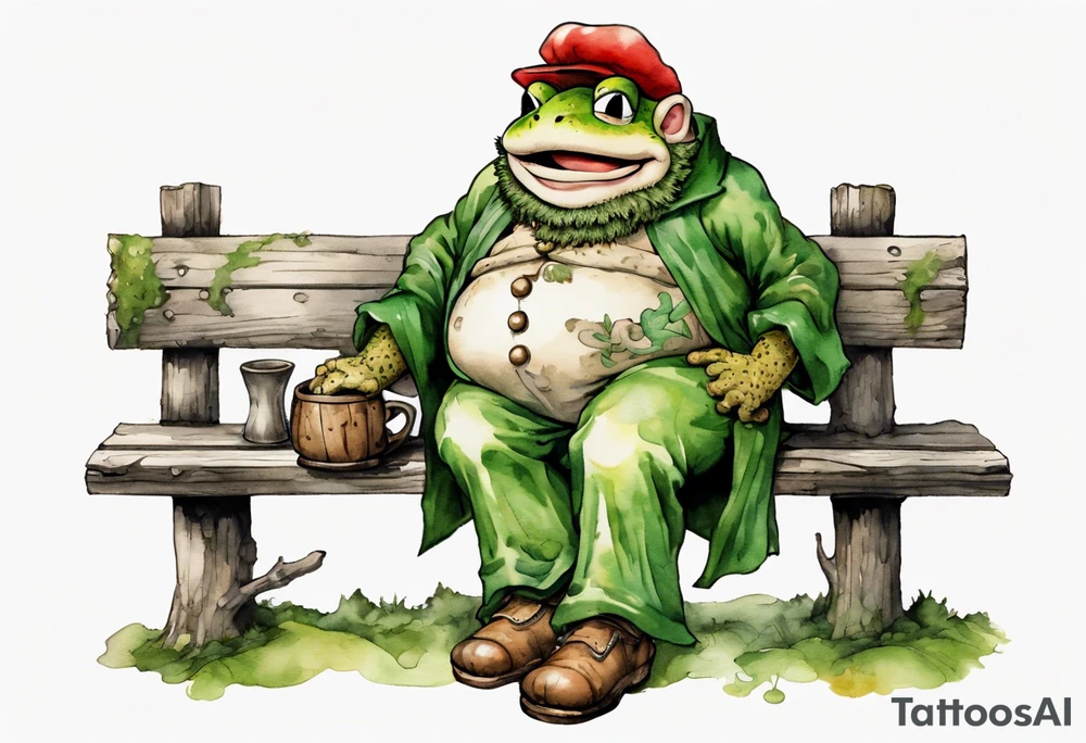 Toad from super mario with a long moss beard wearing a medieval tunic drinking from a wood cup, sitting on a bench laughing tattoo idea