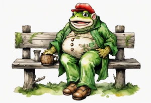 Toad from super mario with a long moss beard wearing a medieval tunic drinking from a wood cup, sitting on a bench laughing tattoo idea
