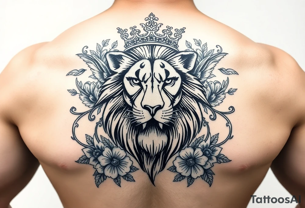 powerful majestic lion with a crown, surrounded by floral ornaments and birds tattoo idea