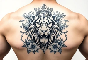 powerful majestic lion with a crown, surrounded by floral ornaments and birds tattoo idea