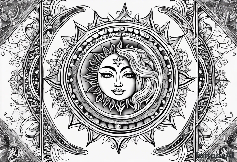 Feminine Sun and moon. long rectangular sternum swirls with dots and stars tattoo idea