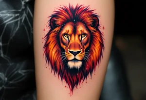 The lion’s silhouette is painted in fiery reds and oranges, with the Leo star constellation mapped across its chest in white. tattoo idea