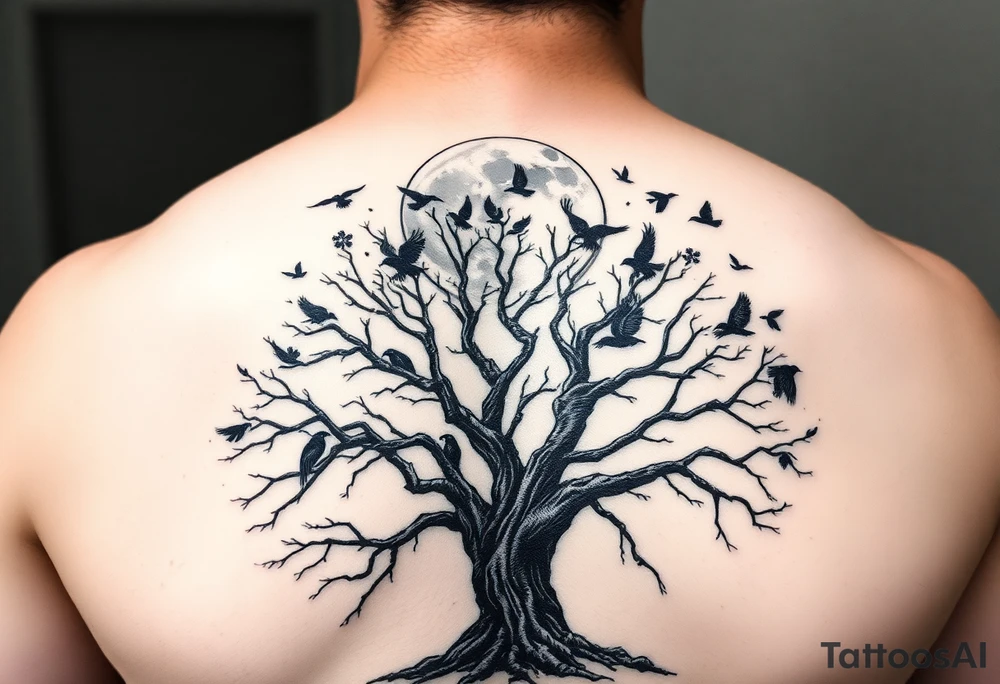 A very realistic, large tree of life that is bare with lots of crows flying  above it a moon that is as large as the entire picture This is a backpiece. tattoo idea