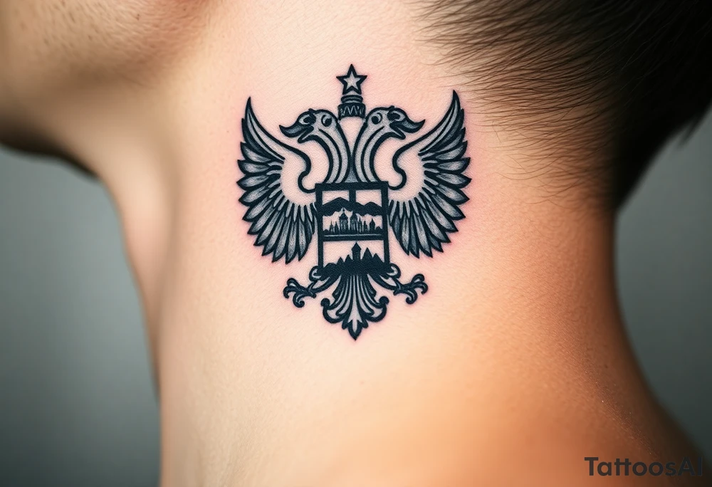 Traditional authentic Russian coat of arms with double headed eagle & a well shaded Christian orthodox virgin marry crest in the middle with silhouette of a lake in a Russian wilderness Christian orthodoxy dome church village setting on the side of my neck tattoo idea