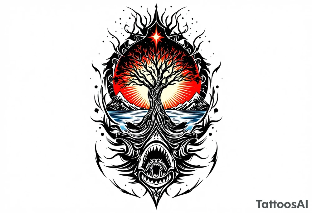 tattoo that has an acacia tree with mountains, ocean with a ship wreck with sharks and the bright northern star tattoo idea
