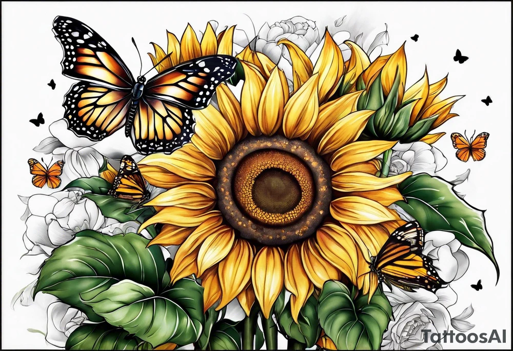 Sleeve with cross, sunflowers and butterflies tattoo idea