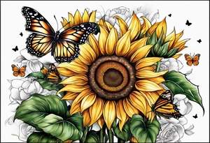 Sleeve with cross, sunflowers and butterflies tattoo idea