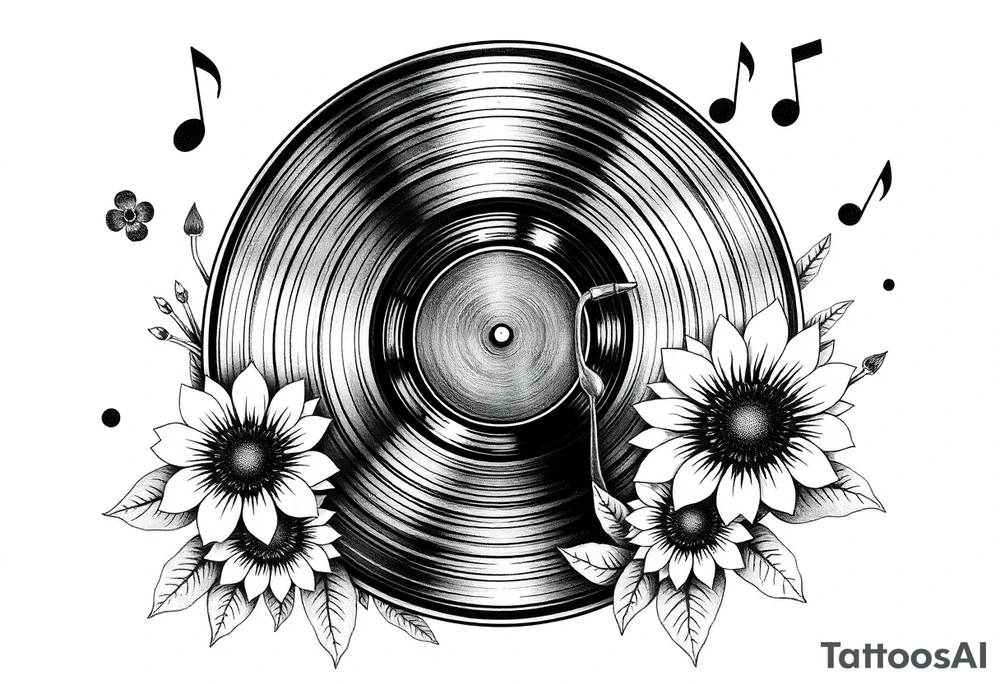 vinyl record player with mushrooms, sunflowers, and music notes around it tattoo idea