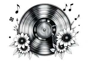 vinyl record player with mushrooms, sunflowers, and music notes around it tattoo idea