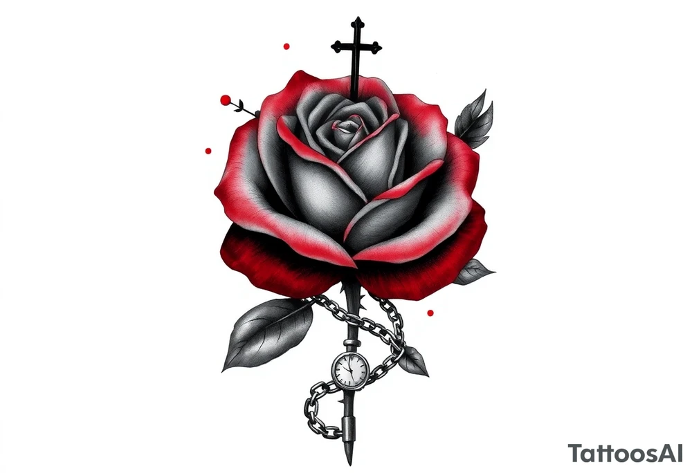 Tattoo Concept: Resilience Through Trauma and Growth

A black and grey tattoo with elements of red to highlight pain, transformation, and survival. The design features:
	•	A large rose with thorns as the centerpiece. The petals are partially wilting and torn, symbolizing past trauma, while new petals blooming from the same stem represent growth and healing.
	•	A broken chain intertwined with the rose’s stem, representing breaking free from past pain. Some links remain intact to acknowledge the lasting impact of trauma.
	•	A semicolon (;) subtly integrated into the stem or thorns, signifying perseverance and that your story continues.
	•	A clock or hourglass, cracked but still intact, symbolizing the way trauma distorts time but does not halt progress.
	•	A rosary wrapped around the rose, leading to a cross near the top. The cross represents faith, strength, and survival. The chain of the rosary has a broken link, showing resilience after hardship.
	•	A phoenix emerging from the petals, symbolizing rebirth, transformation, and rising from the ashes of past struggles.
	•	A shadowy, fading silhouette behind the rose, representing your past self—acknowledged but no longer in control.
	•	A butterfly or moth near the blooming petals, representing transformation and perseverance through darkness.
	•	Soft shading with some red ink highlights, especially on the thorns, broken chains, and phoenix flames, emphasizing pain and strength As the woman I am today tattoo idea