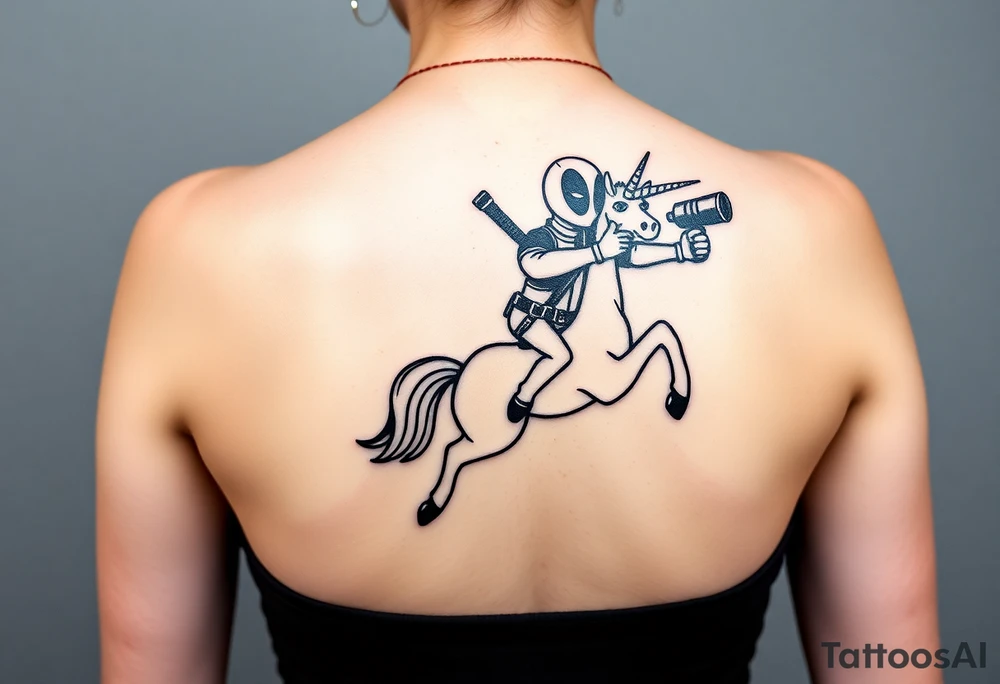 Deadpool riding unicorn pointing rocket propelled grenade launcher tattoo idea