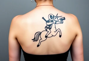 Deadpool riding unicorn pointing rocket propelled grenade launcher tattoo idea
