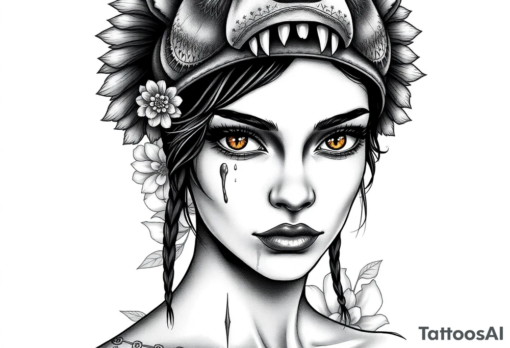 Young Symmetrical Beautiful Woman, looking forward, with colored eyes, shedding a tear, with battle scars and blood on face, with soft look, wearing a mean looking bear headdress on head, with flower background tattoo idea
