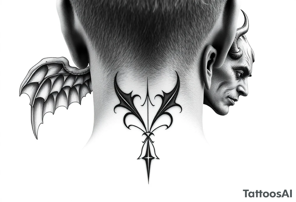 position behind the neck Angel (on the right) whispering in the right ear, demon (on the left) whispering in the left ear tattoo idea