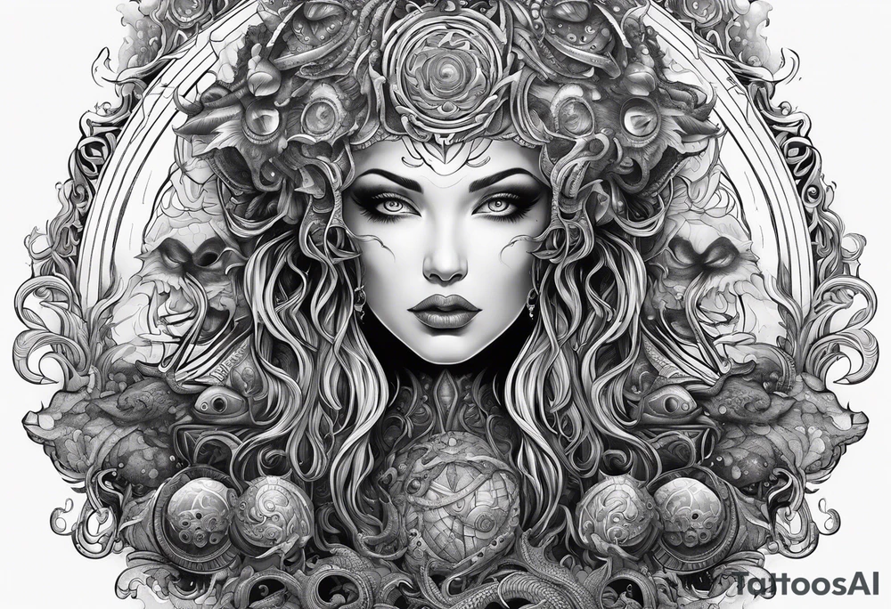 Lovecraftian creature, flowing into more futuristic technology elements tattoo idea