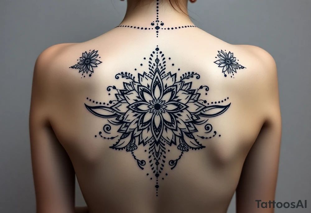 spine tattoo design with symmetrical ornamental patterns, combining dotwork, mandala elements, and flowing lines that follow the natural curves of the body with tribal-inspired lower back tattoo with sweeping symmetrical curves, bold linework, and soft floral accents, creating a feminine yet powerful aesthetic. The design is intricate and balanced. tattoo idea
