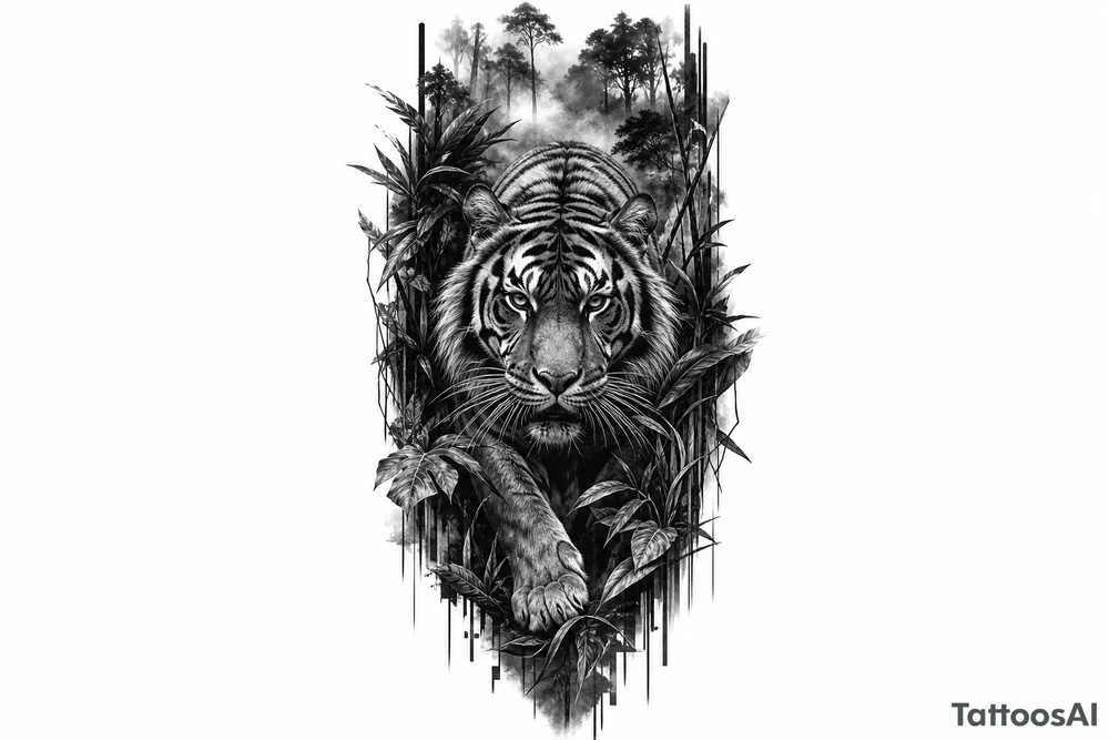 Hyperrealistic tiger emerging from a dense, misty jungle, close-up, dramatic lighting. tattoo idea