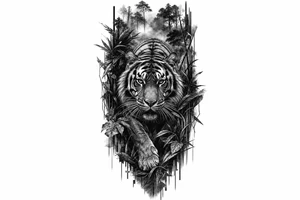 Hyperrealistic tiger emerging from a dense, misty jungle, close-up, dramatic lighting. tattoo idea