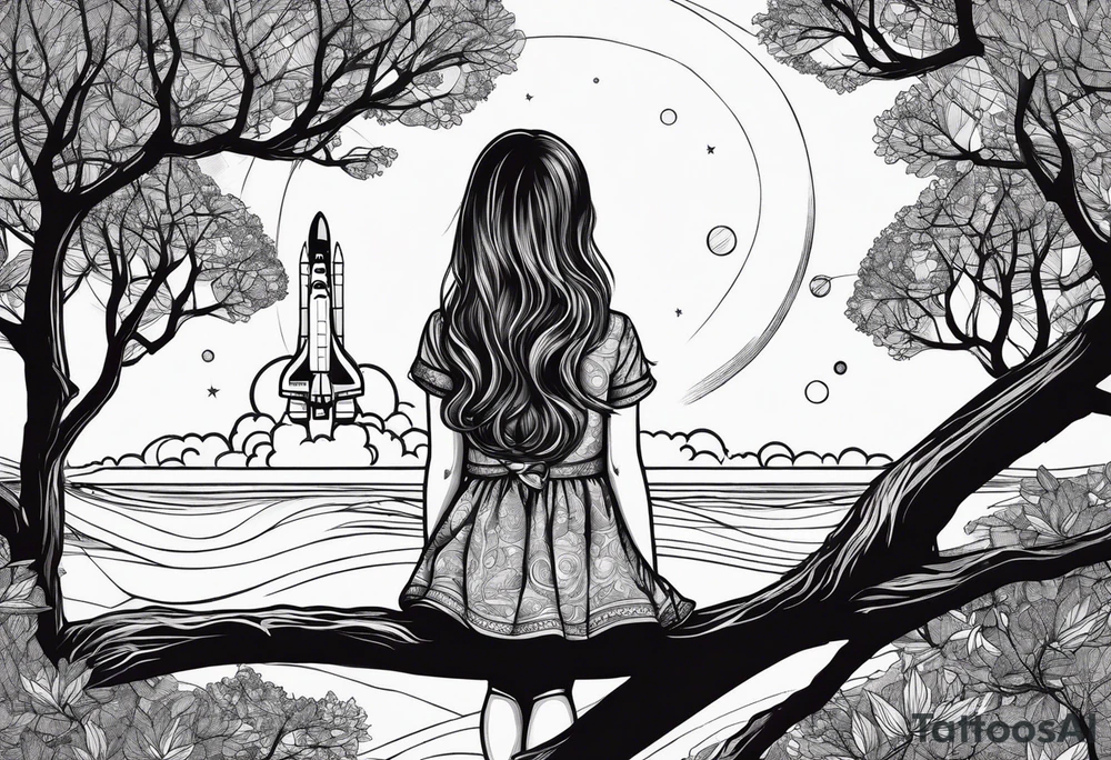 back of small girl in dress with long hair sitting on a tree branch watching a space shuttle launch in the distance tattoo idea