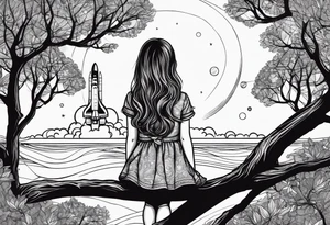 back of small girl in dress with long hair sitting on a tree branch watching a space shuttle launch in the distance tattoo idea