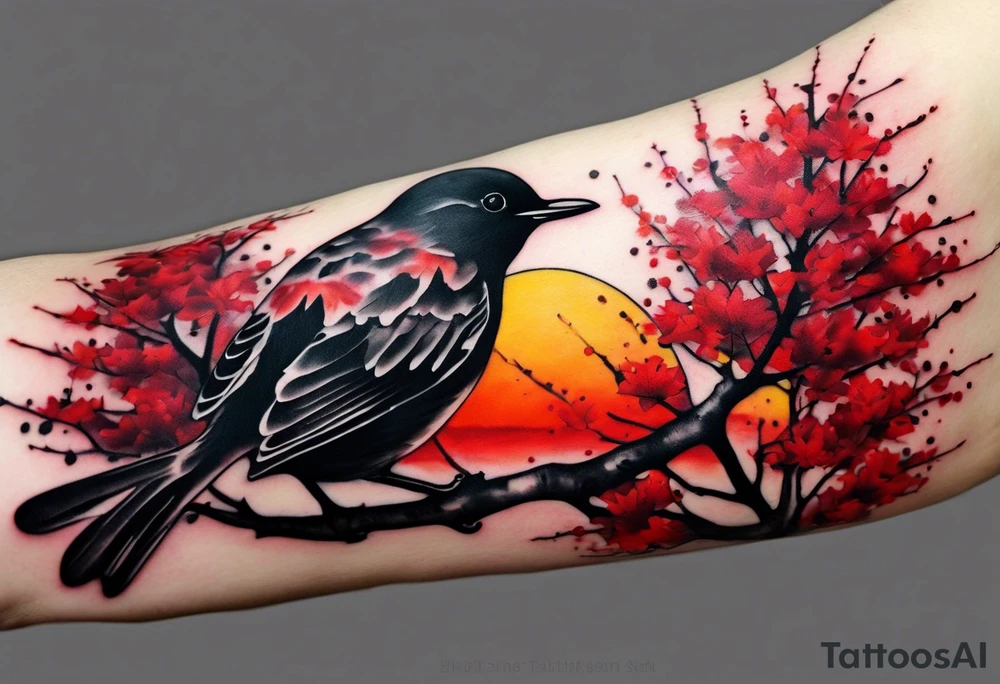 trash polka style. Arm tattoo. Long tattoo. Full sleeve. Shoulder. A single large maple tree with red autumn leaves that branches upwards from wrist to shoulder. White-throated dipper bird on the trees branches. Calluna flowers at the base of the trees stem. Tree stem has dark colors. Red/yellow sunset behind the trees stem. Leaves falling. tattoo idea