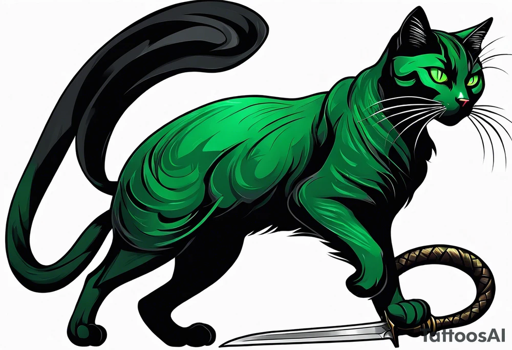 Black cat with green eyes hissing with its tail wrapped around the hilt of a sword tattoo idea