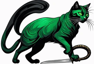 Black cat with green eyes hissing with its tail wrapped around the hilt of a sword tattoo idea