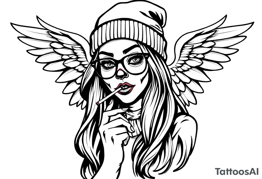 beautiful long hair Clown Girl thug beanie eyeglasses angel wings smoking cigarette tattoo idea