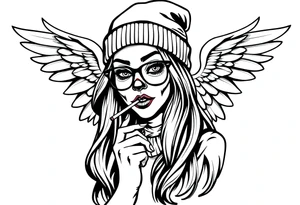 beautiful long hair Clown Girl thug beanie eyeglasses angel wings smoking cigarette tattoo idea