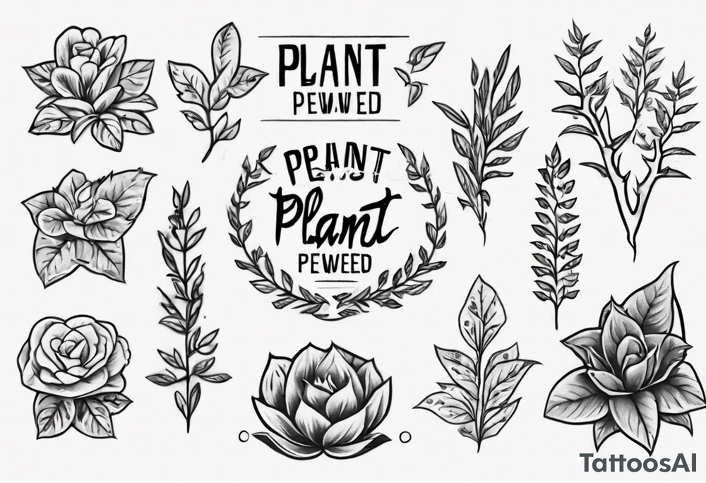 Arm band tattoo spelling ‘Plant Powered’ with plants tattoo idea
