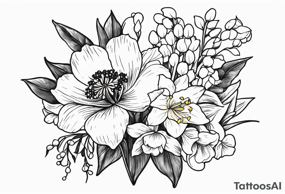 Poppy, larkspur, Lily of the valley, daffodil, flower bouquet, portrait style tattoo idea