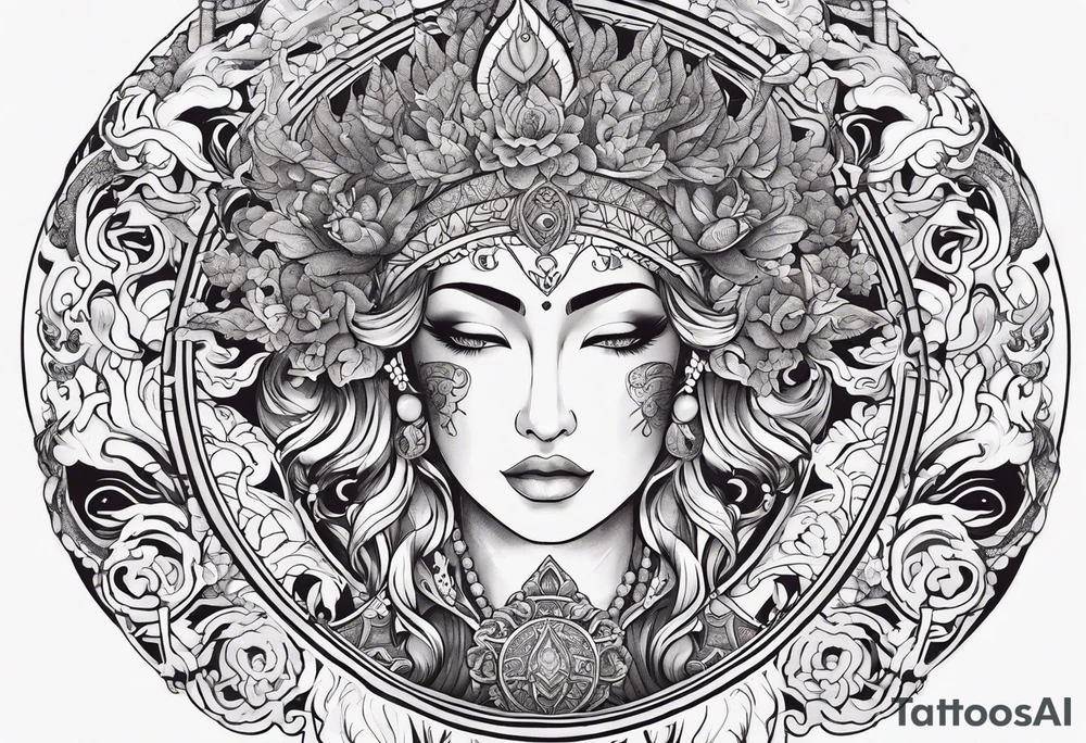 Craft a leg sleeve featuring a goddess embodying the elements (earth, water, fire, air), with each element represented by intricate details and symbols, creating a powerful and elemental representation of divinity. tattoo idea