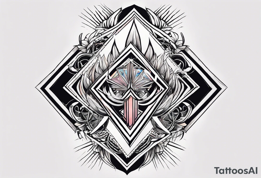 Bold geometric tapestry trident in colour on arm tattoo idea