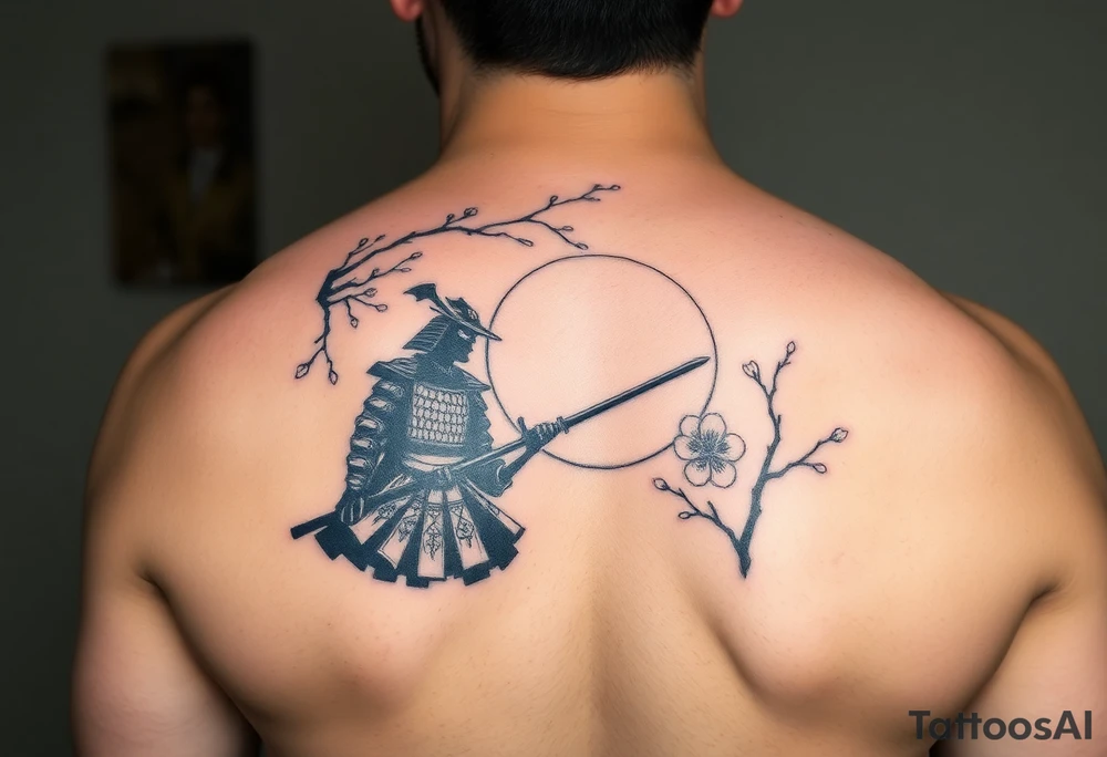 noble samurai warrior silhouette at sunset with cherry blossoms tattoo idea