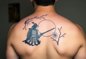 noble samurai warrior silhouette at sunset with cherry blossoms tattoo idea