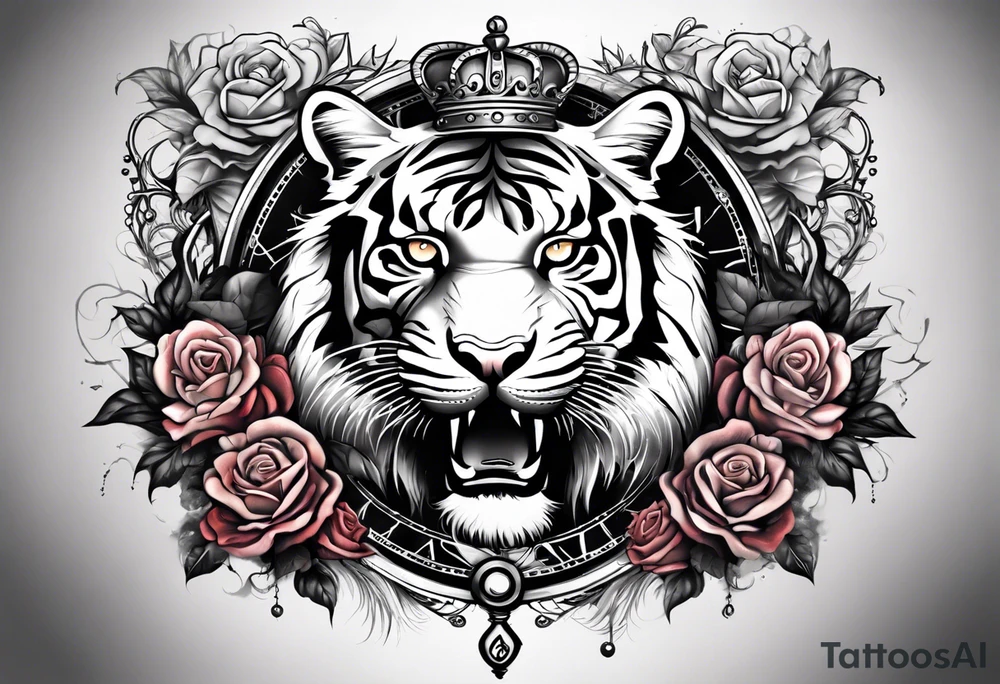 A full sleeve tiger with a crown and third eye with a hour glass instead the hour glass brain cover in in clouds and a heart cover in grass and roots with roses and smoke all over the arm tattoo idea