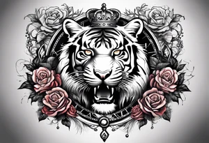 A full sleeve tiger with a crown and third eye with a hour glass instead the hour glass brain cover in in clouds and a heart cover in grass and roots with roses and smoke all over the arm tattoo idea