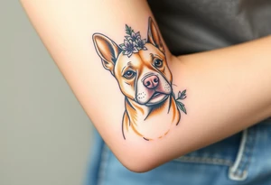 tan staffie with succulents and flowers surrounding her head tattoo idea