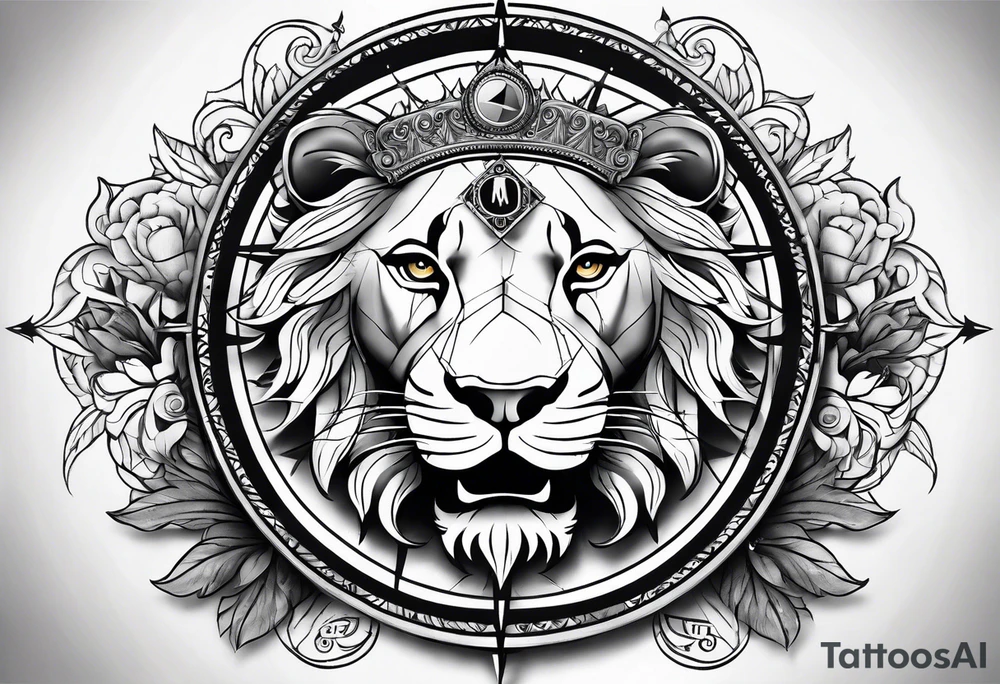 Sleeve tattoo with the word topete, a compass and a lions head tattoo idea