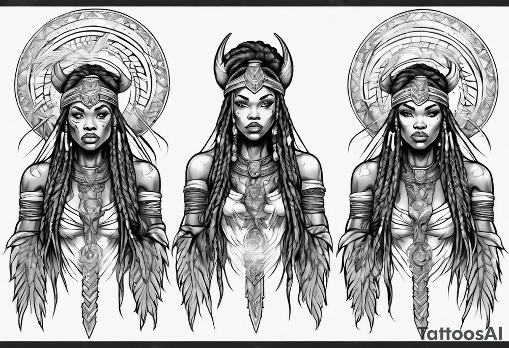 African female Viking warrior full body angelic
slim long face long braided hair descending from heaven tattoo idea