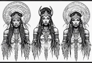 African female Viking warrior full body angelic
slim long face long braided hair descending from heaven tattoo idea