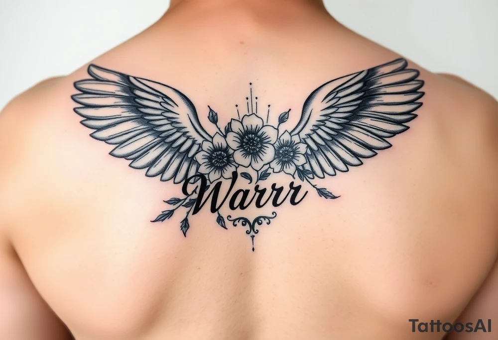 angel wing with flowers and the word Warr;or tattoo idea
