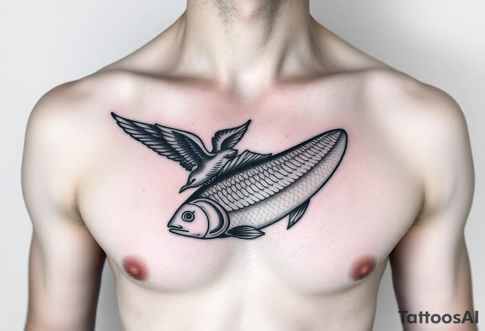 small bird and fish tattoo, for chest, man. not many details. a lot of black color tattoo idea