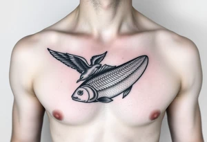 small bird and fish tattoo, for chest, man. not many details. a lot of black color tattoo idea