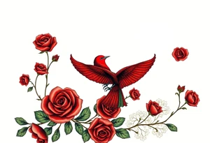 Vintage dollies, red roses, lace, red bird, vintage, wrap around, tighter together, no space open tattoo idea
