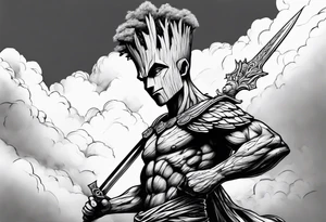 Groot greek warrior with sword, clouds behind tattoo idea