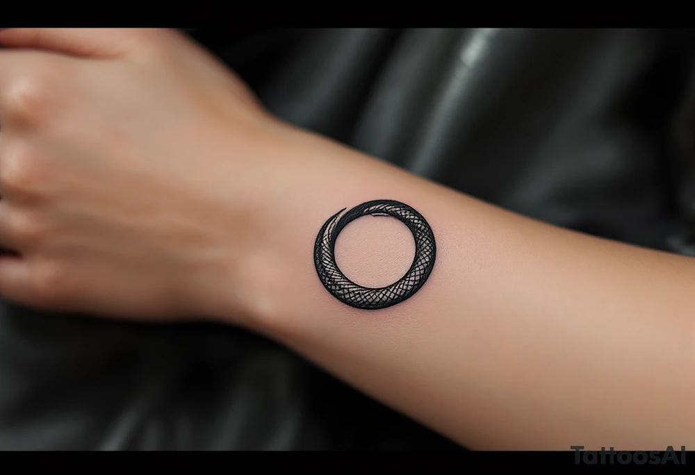 A minimalist Ouroboros snake forming cyrcle made from a single, unbroken black ink stroke tattoo idea